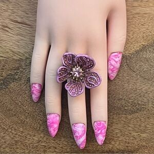 Oscar de la Renta Pink Floral Flower Statement Ring Size 6 Crystal Enamel Resin